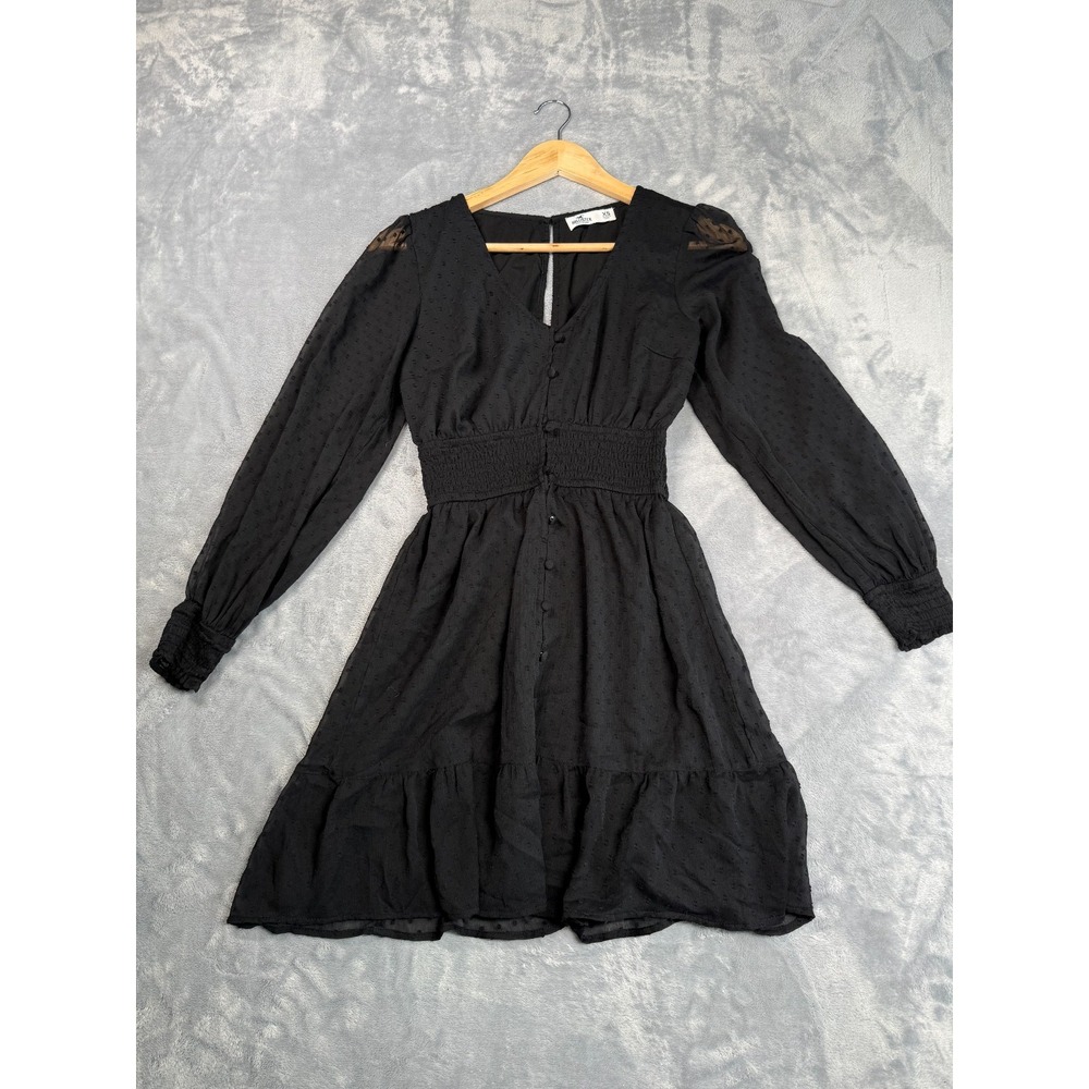 Hollister Fit & Flare Dress Women XS Black Swiss Dot Smocked Waist V Neck Button